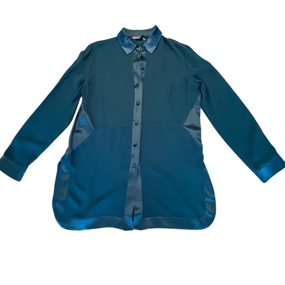Magashoni Two Tone Silk Long Sleeve Teal Button up Blouse Size 14/Large $298 - Picture 1 of 12